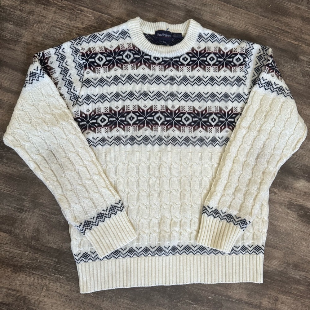 Vintage Ivory and Navy Patterned Crewneck Sweater